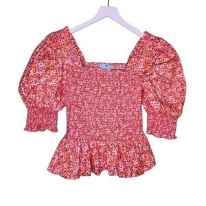 CeCe Orange Pink Floral Top Boho Cottage Milkmaid Smocked Puff Sleeve S